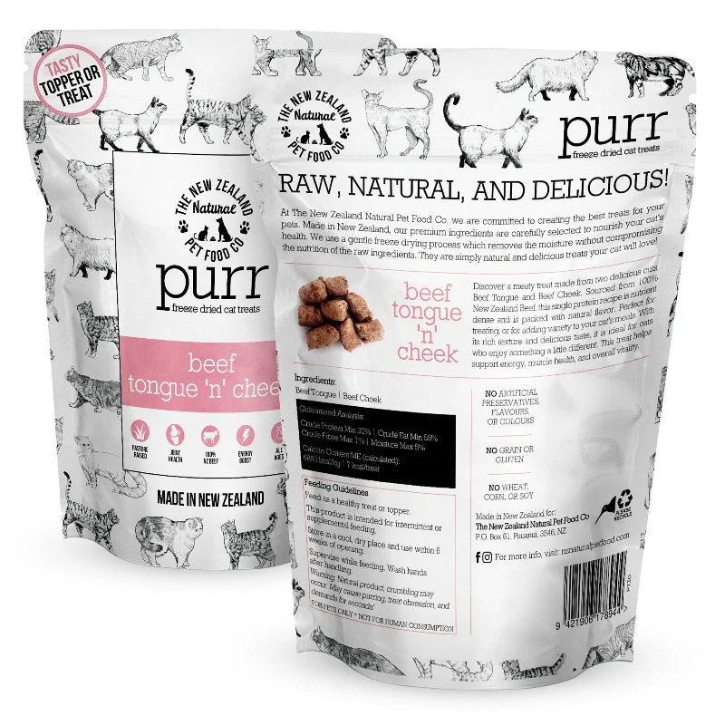 
                  
                    NZ Natural Pet Food Co - Freeze Dried - Treats - Purr - Beef - Tongue 'n' Cheek - 50g
                  
                
