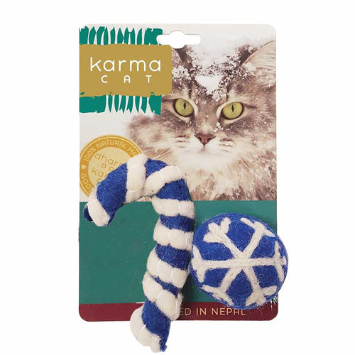 Dharma Dog Karma Cat - Holiday Ball & Cane, Blue - 2 pk